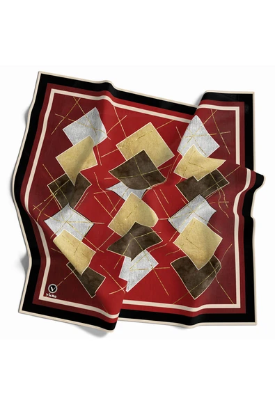Twill Geometrik Desenli Bordo Renkli 90x90 Eşarp (İpek İçermez) Kenar Dikiş Şekli El Dikişli ürün görseli 1