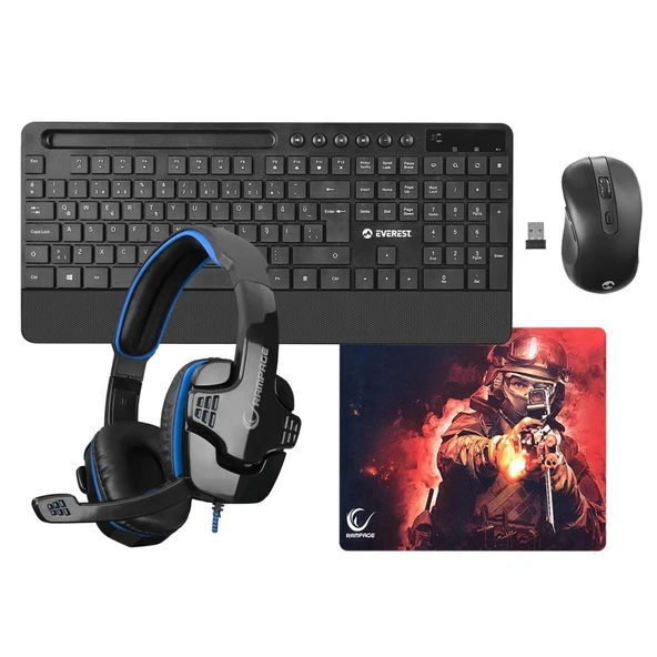Everest KM-9676 Siyah Klavye + Rampage SN-R9 Kulaklık+Mouse + Rampage 300350 35*25cm Mousepad 4lü Set ürün görseli 1