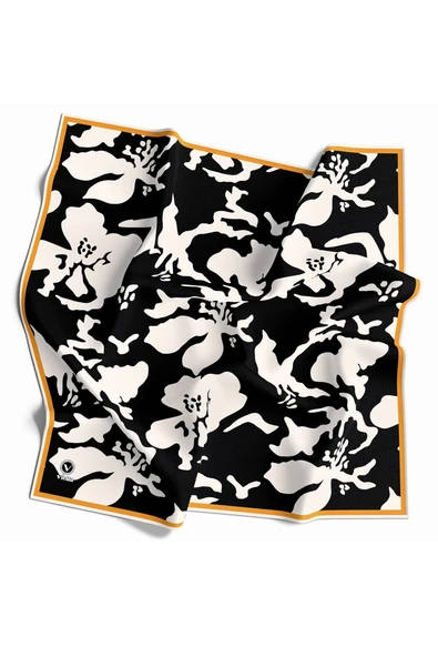 Twill Çiçek Desenli Siyah - Krem Renkli 90x90 Eşarp (İpek İçermez) Dikim Şekli : El Dikişi ürün görseli 1