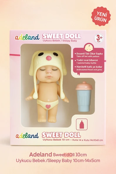 Adeland Sweet Doll Uykucu Bebek 10 cm – Kutu 14×10×5 cm (Krem Şapka - Pembe Burun) ürün görseli 1
