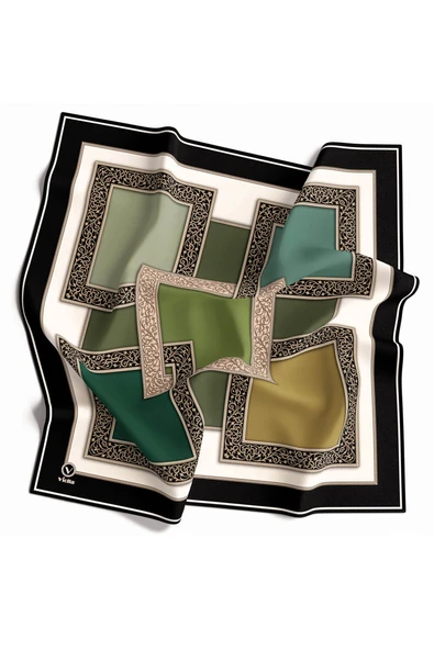 Kristal Geometrik Desenli Haki Renkli 90x90 Eşarp (İpek İçermez) Kenar Dikiş Şekli El Dikişli ürün görseli 1