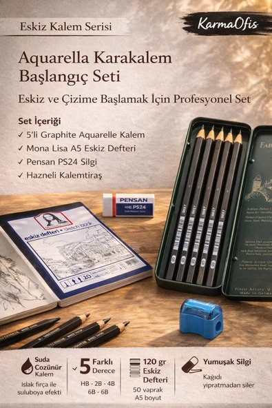 Aquarella Karakalem Başlangıç Seti – Suda Çözünür 5'li Kalem, A5 Eskiz Defteri, Silgi, Kalemtıraş ürün görseli 1