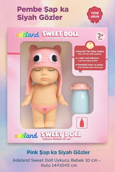Adeland Sweet Doll Uykucu Bebek 10 cm – Kutu 14×10×5 cm (Krem Şapka - Pembe Burun) ürün görseli 1