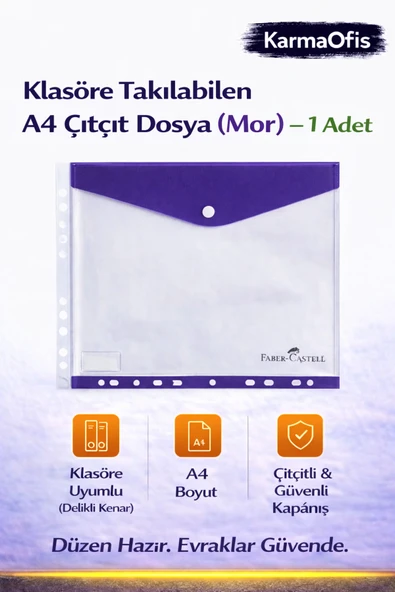 Mor A4 Çıtçıt Dosya Klasöre Takılabilen – 1 Adet | Saydam, Delikli, Güvenli Dosyalama ürün görseli 1