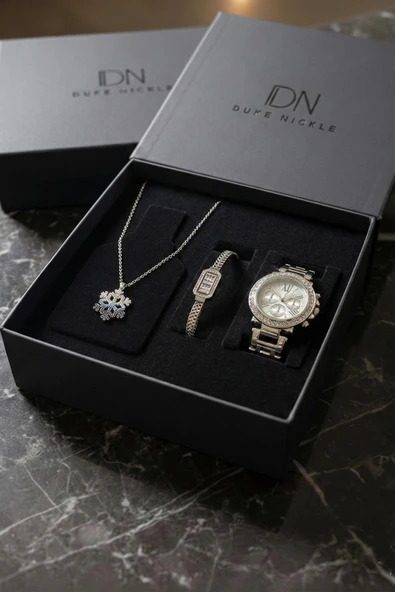 Kar Tanesi Figürlü Kolye ve Bileklikli Gümüş Metal Kordon Kadın Kol Saati Kutulu Hediye Seti  Gümüş Silver ürün görseli 1