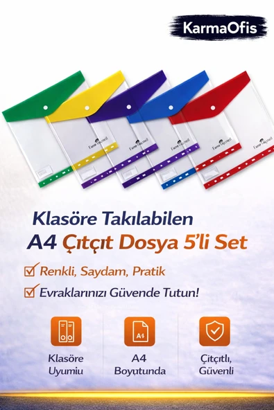 Klasöre Takılabilen A4 Çıtçıt Dosya 5’li Set | Renkli, Saydam, Delikli & Güvenli Dosyalama ürün görseli 1