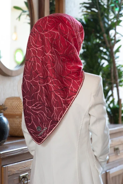 %100 Twill İpek Degrade Desenli Bordo Renkli 90x90 Eşarp Dikim Şekli : El Dikişi ürün görseli 1