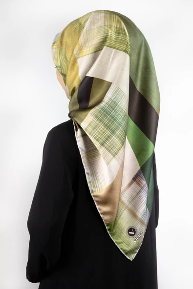 Twill Geometrik Desenli Haki Renkli 90x90 Eşarp (İpek İçermez) Kenar Dikiş Şekli El Dikişli ürün görseli 1
