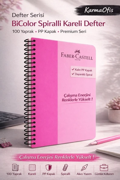 Pembe 100 Yaprak Spiralli BiColor Kareli Defter PP Kapak | Dayanıklı, Premium Defter ürün görseli 1