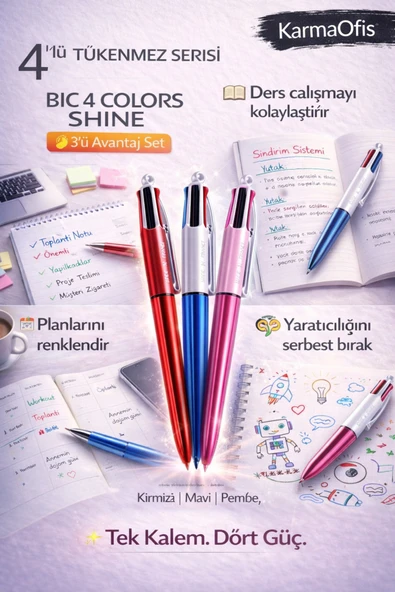 4 Colors Shine 3'lü Set-2 Tükenmez Kalem – 4 Renkli Kalem (Mavi, Siyah, Kırmızı, Yeşil) ürün görseli 1