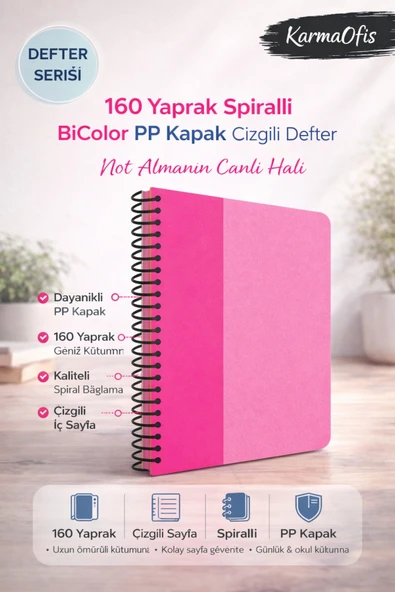 Pembe 160 Yaprak Spiralli Defter BiColor PP Kapak Çizgili A4 Okul & Ofis Defteri ürün görseli 1