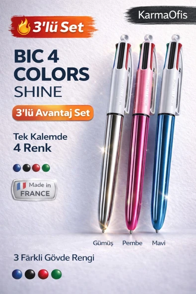 4 Colors Shine 3'lü Set Tükenmez Kalem–4 Renkli Kalem (Mavi, Siyah, Kırmızı, Yeşil)–Metalik Gövde ürün görseli 1