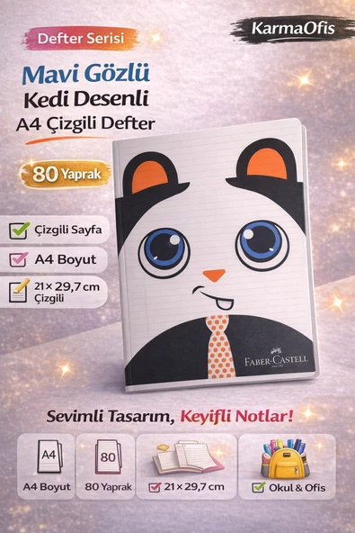 Kedi Desenli A4 Çizgili Defter 80 Yaprak 1 Adet – Mavi Gözlü Kedi Tasarım ürün görseli 1