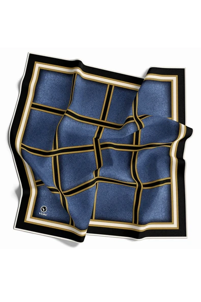 Kristal Taş Efektli Gold Şerit Desenli İndigo Renkli 90x90 Eşarp (İpek İçermez) Kenar Dikiş Şekli El Dikişli ürün görseli 1