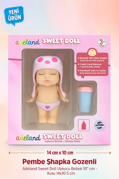 Adeland Sweet Doll Uykucu Bebek 10 cm – Kutu 14×10×5 cm (Pembe Şapka - Göz Desenli) ürün görseli 1