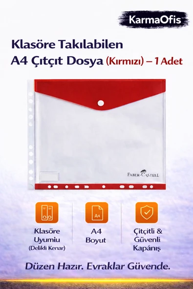 Kırmızı A4 Çıtçıt Dosya Klasöre Takılabilen – 1 Adet | Saydam, Delikli, Güvenli Dosyalama ürün görseli 1