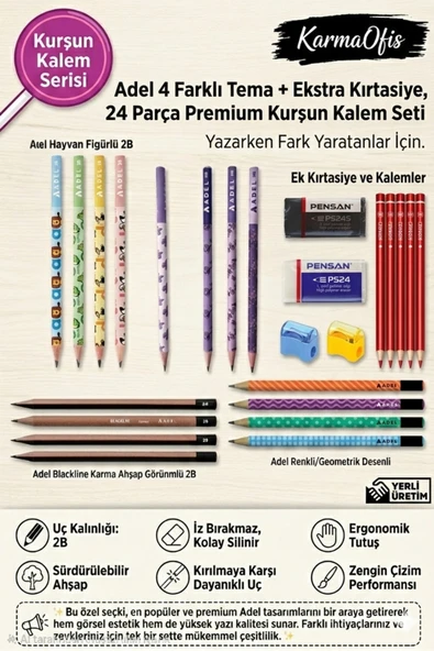 24 Parça Premium Kurşun Kalem Seti + Silgi + Kalemtıraş – 2B Çizim ve Yazı Kalemi Seti ürün görseli 1