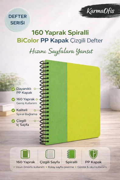 Yeşil 160 Yaprak Spiralli Defter BiColor PP Kapak Çizgili A4 Okul & Ofis Defteri ürün görseli 1