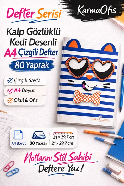 Kedi Desenli A4 Çizgili Defter 80 Yaprak 4'lü Set–Kalp Gözlü,Büyük Gözlü,Pembe ve Siyah Kedi Tasarım ürün görseli 1