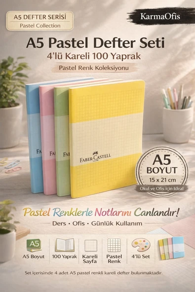 A5 Pastel Defter Seti 4'lü – 100 Yaprak Kareli A5 Defter Pastel Renkli Okul Ofis Not Defteri ürün görseli 1