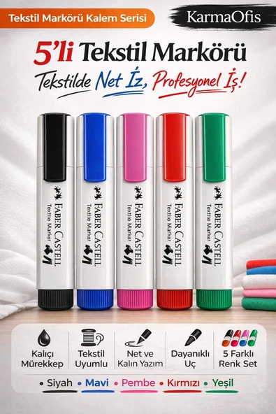 5'li Tekstil Markörü Kalem Seti–Kumaş Yazı Kalemi | Siyah, Mavi, Pembe, Kırmızı, Yeşil ürün görseli 1
