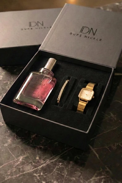 Zincir Bileklikli Altın Metal Kordon Kare Kadın Kol Saati Parfüm Kutulu Hediye Seti  Gold Beyaz ürün görseli 1