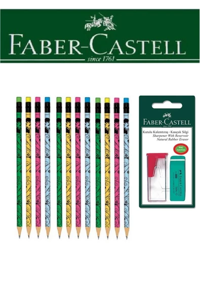 Faber-Castell 12'li Flowers Kalem ve Kutulu Kalemtıraş+Silgi Seti Blister ürün görseli 1