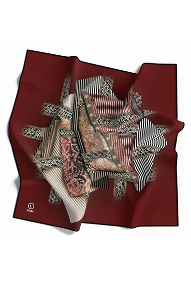 Twill Geometrik Desenli Bordo Renkli 90x90 Eşarp (İpek İçermez) Kenar Dikiş Şekli El Dikişli ürün görseli 1