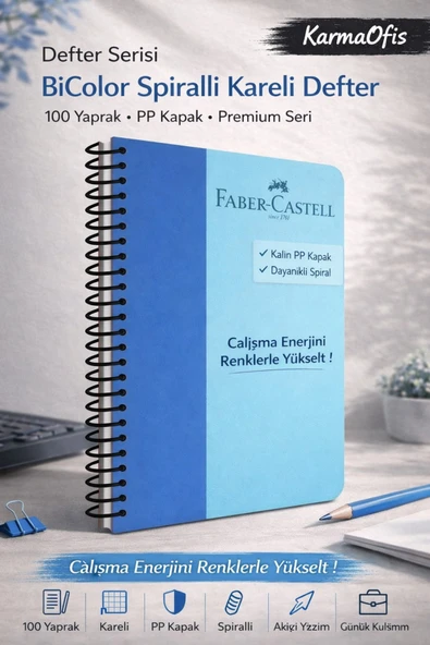 Mavi 100 Yaprak Spiralli BiColor Kareli Defter PP Kapak | Dayanıklı, Premium Defter ürün görseli 1