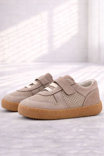 Rakerplus Bob Hakiki Deri Bej Barefoot Cırtlı Lastikli Bebek Sneaker Ayakkabı ürün görseli 1