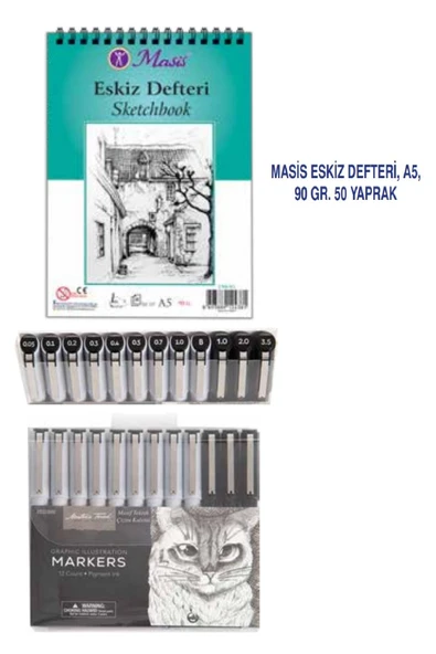 Teknik Çizim Seti (12'li kalem + A5 Skecth Defteri) ürün görseli 1
