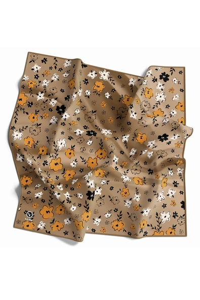 Rayon Papatya Desenli Bej Renkli 90x90 Eşarp (İpek İçermez) Kenar Dikiş Şekli El Dikişli ürün görseli 1
