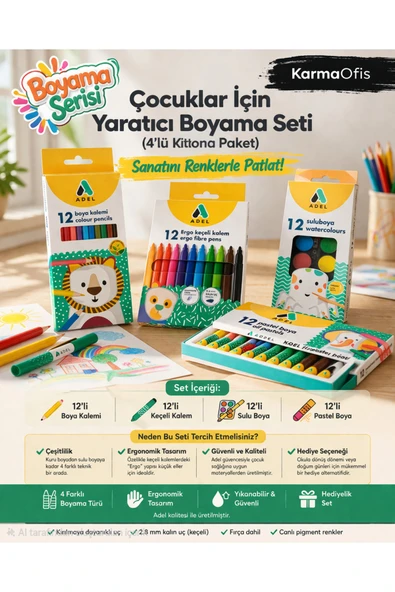 4’lü Boyama Seti 12’li Boya Kalemi + Keçeli Kalem+Sulu Boya+Pastel Boya | Yaratıcı Boyama Seti ürün görseli 1