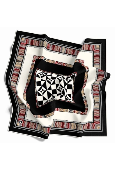 Kristal Geometrik Desenli Siyah - Krem Renkli 90x90 Dikim Şekli : El Dikişi Eşarp (İpek İçermez) ürün görseli 1