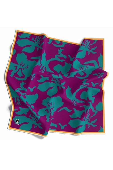 Twill Çiçek Desenli Mürdüm - Petrol Mavisi Renkli 90x90 Eşarp (İpek İçermez) Dikim Şekli : El Dikişi ürün görseli 1