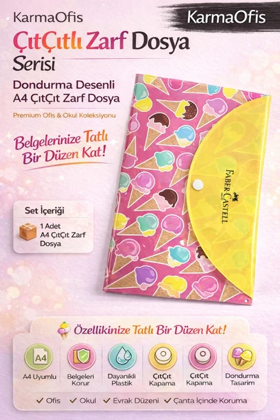 Dondurma Desenli A4 ÇıtÇıt Zarf Dosya – 1 Adet - Dayanıklı Plastik Evrak Dosyası ürün görseli 1