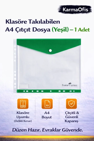 Yeşil A4 Çıtçıt Dosya Klasöre Takılabilen – 1 Adet | Saydam, Delikli, Güvenli Dosyalama ürün görseli 1
