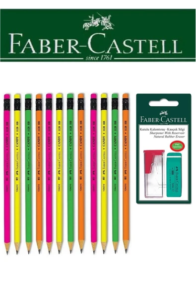 Faber-Castell 12'li Candy Silgili Kurşun Kalem ve Kutulu Kalemtıraş+Silgi Seti Blister ürün görseli 1