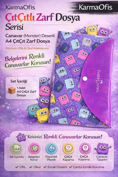 Canavar Desenli A4 ÇıtÇıt Zarf Dosya – 1 Adet - Dayanıklı Plastik Evrak Dosyası ürün görseli 1