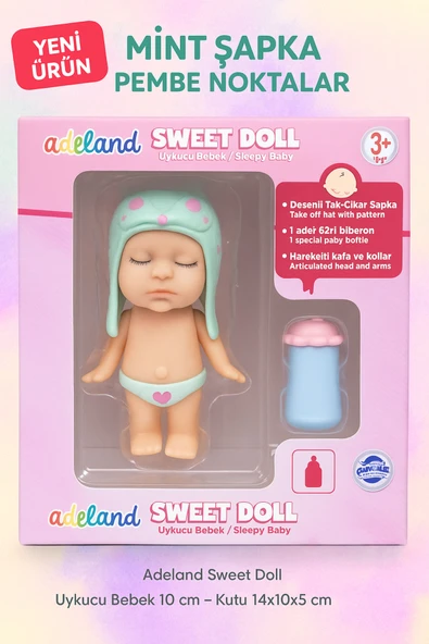 Adeland Sweet Doll Uykucu Bebek 10 cm – Kutu 14×10×5 cm (Mint Şapka - Pembe Noktalar) ürün görseli 1