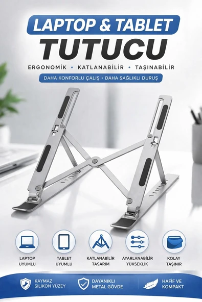 Ayarlanabilir Laptop VE Tablet Standı  7 Kademeli Yükseklik Ayarlı Katlanabilir Metal Notebook Tutucu Kaymaz Tabanlı Taşınabilir Stand ürün görseli 1