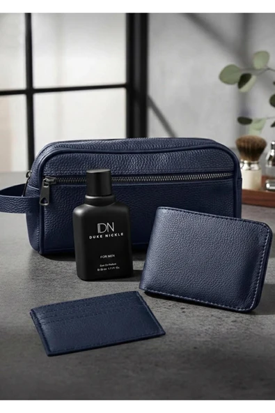 Erkek Cüzdan Çanta Kartlık Parfüm Lacivert Hediye Seti ürün görseli 1