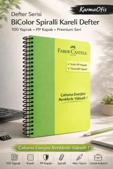Yeşil 100 Yaprak Spiralli BiColor Kareli Defter PP Kapak | Dayanıklı, Premium Defter ürün görseli 1