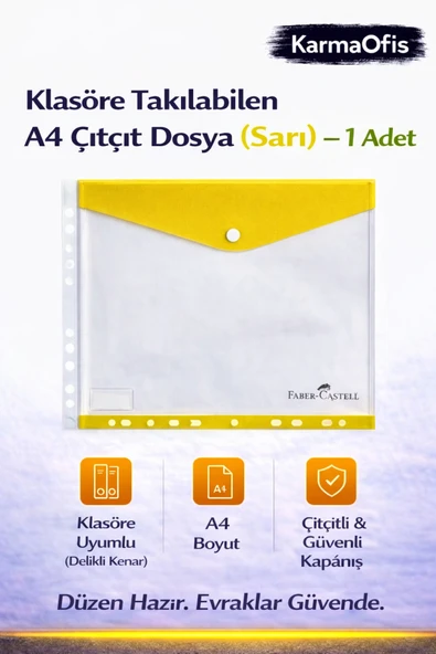 Sarı A4 Çıtçıt Dosya Klasöre Takılabilen – 1 Adet | Saydam, Delikli, Güvenli Dosyalama ürün görseli 1