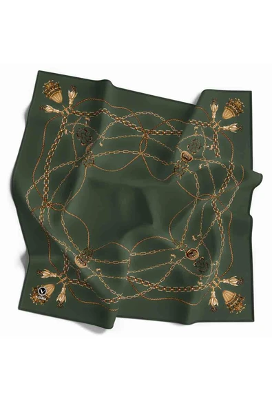 Kristal Geometrik Desenli Haki Renkli 90x90 Eşarp (İpek İçermez) Kenar Dikiş Şekli El Dikişli ürün görseli 1