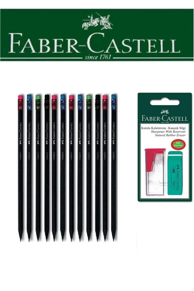 Faber-Castell 12'li Siyah Lata Kurşun Kalem ve Kutulu Kalemtıraş+Silgi Seti Blister ürün görseli 1