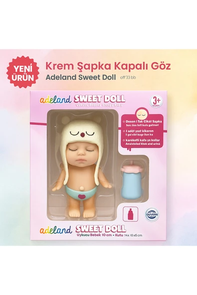 Adeland Sweet Doll Uykucu Bebek 10 cm – Kutu 14×10×5 cm (Krem Şapka Kapalı Göz – Yakın Plan) ürün görseli 1