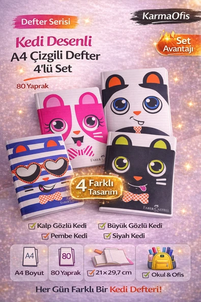 Kedi Desenli A4 Çizgili Defter 80 Yaprak 4'lü Set–Kalp Gözlü,Büyük Gözlü,Pembe ve Siyah Kedi Tasarım ürün görseli 1