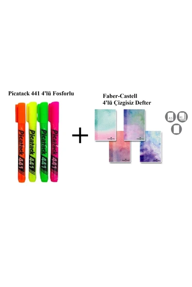 Picatack 441 Fosforlu Kalem 4'lü Set + Karton Kapak Dik A5 Watercolors 4'lü Çizgisiz Defter ürün görseli 1