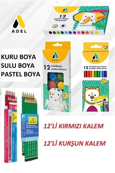 Adel Kırtasiye Seti 12'li Kuru Boya Sulu Boya Pastel Boya Kurşun Kalem Kırmızı Kalem ürün görseli 1